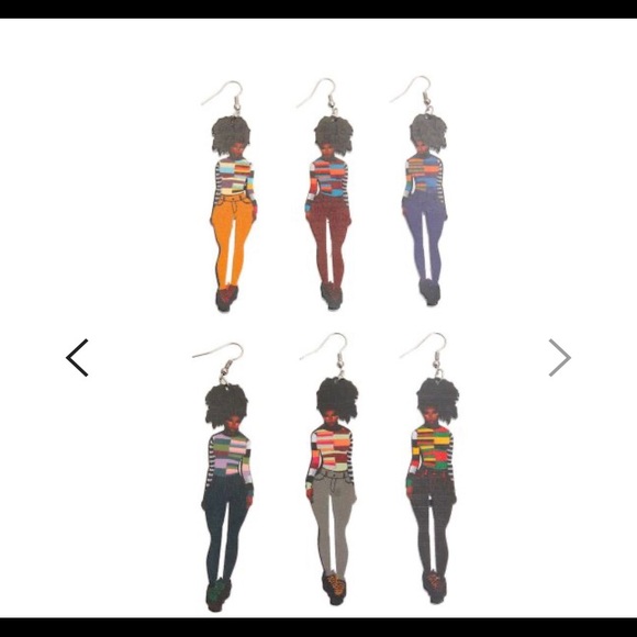 African American Black Woman Wooden Earnings - Picture 2 of 2